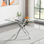 5 Piece Glass Dining Table Set Modern Small Glass Dining Table Set for 4, 35.43" Square Kitchen Table and 4 Velvet Upholstered Chairs for Kitchen Dining Room, Silver & Grey