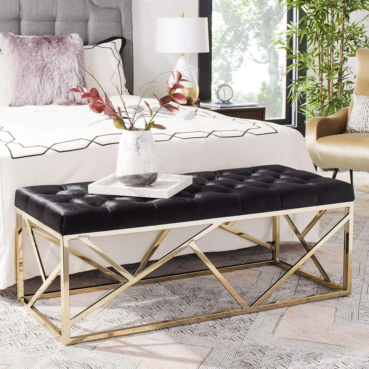 Safavieh Home Farah 48-inch Glam Black and Brass Tufted Rectangular Bench
