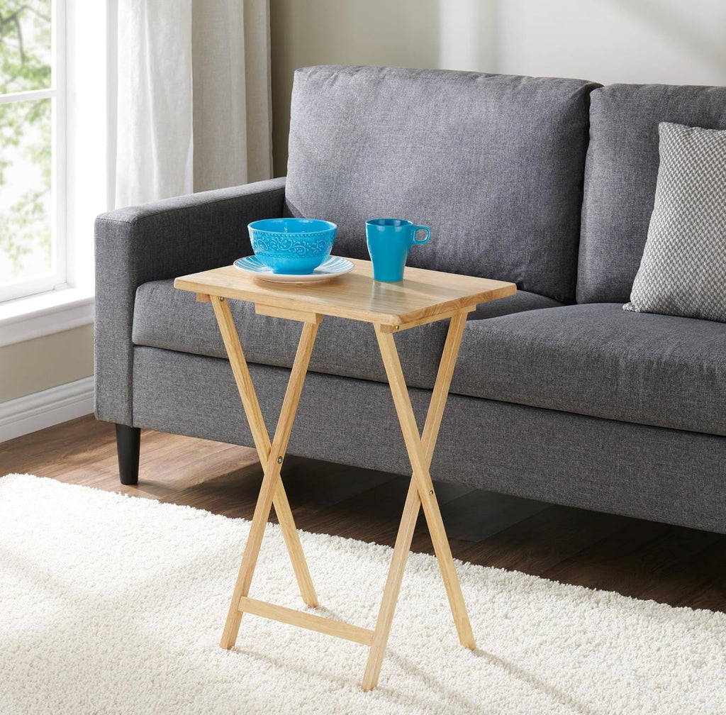 (2 Pcs) 26" Folding Tray Tables, Solid Rubberwood, Small Folding Table,Natural Wood Finish
