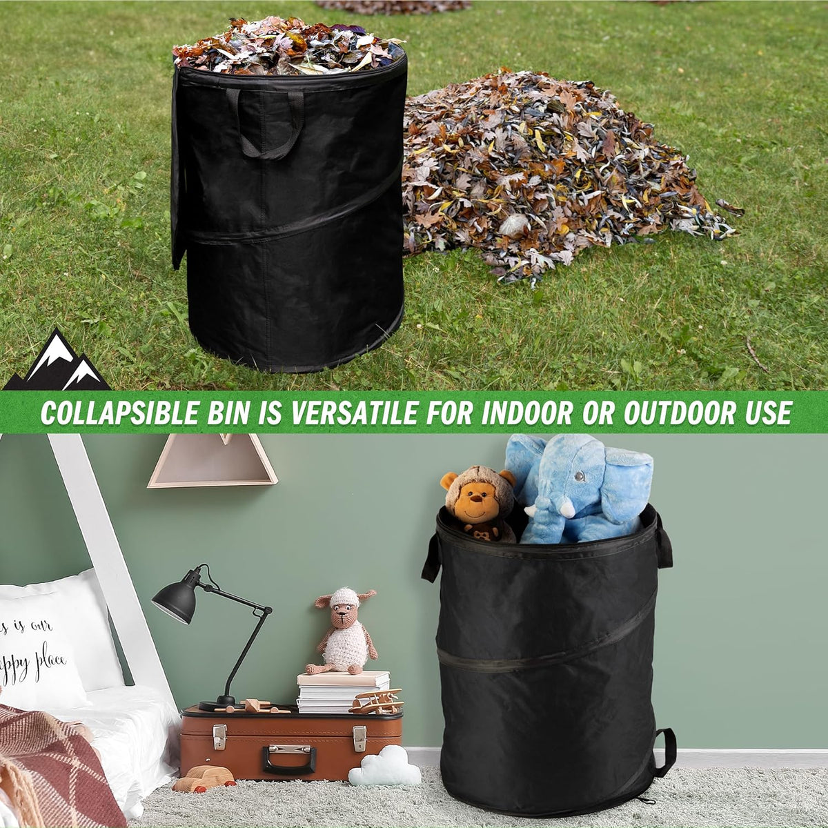 Wakeman Collapsible Trash Can - 46-Gallon Garbage Can Outdoor Bin with 3 Stakes for RV, Camping, Storage, Recycling, or Yard Waste Outdoors (Black)