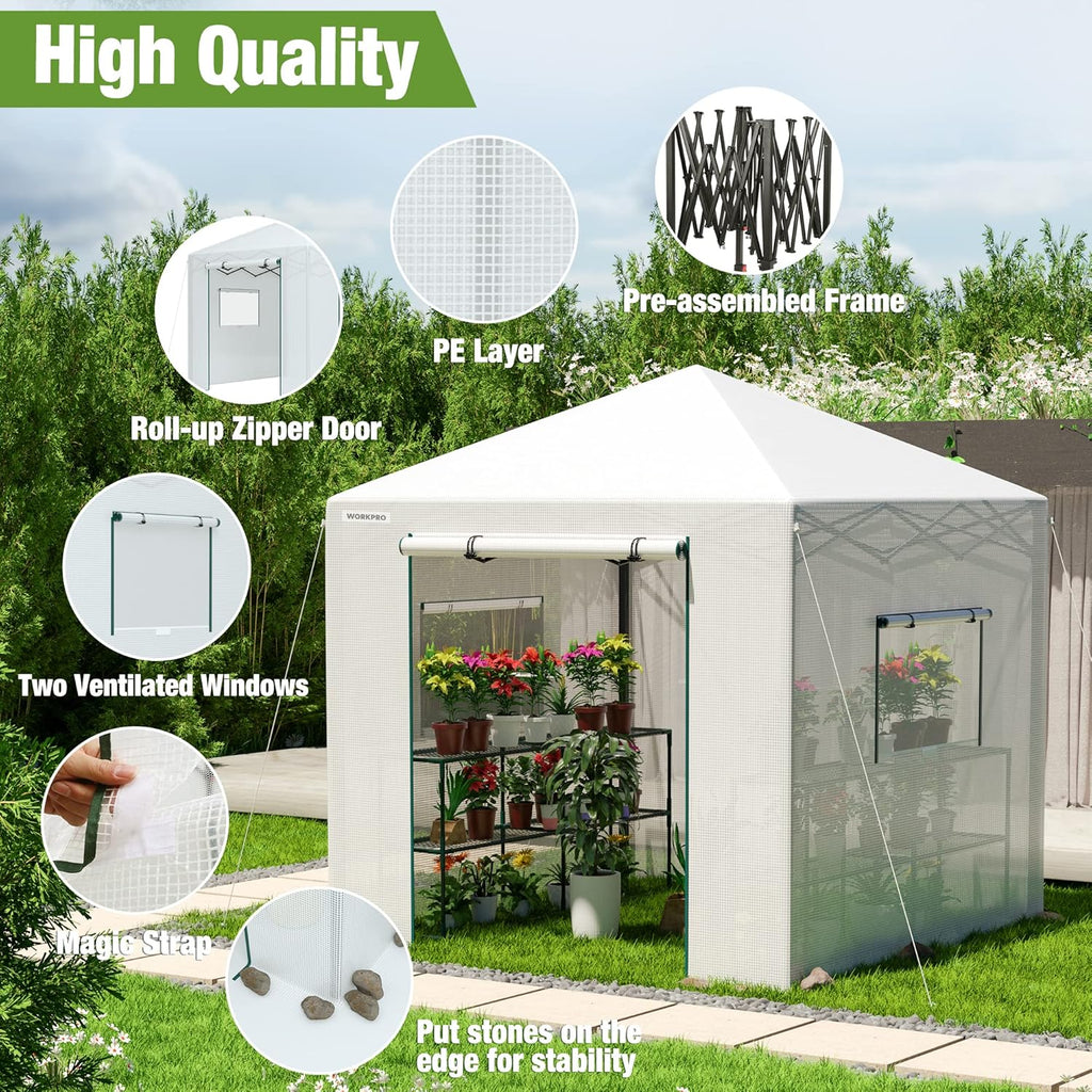 WORKPRO Greenhouse, 94”x 94”x 99” Pop-up Greenhouse for Outdoors , Heavy Duty Gardening House with Sturdy PE Cover, Roll-up Entry Doors and 2 Screen Windows, for Patio, Backyard, Balcony