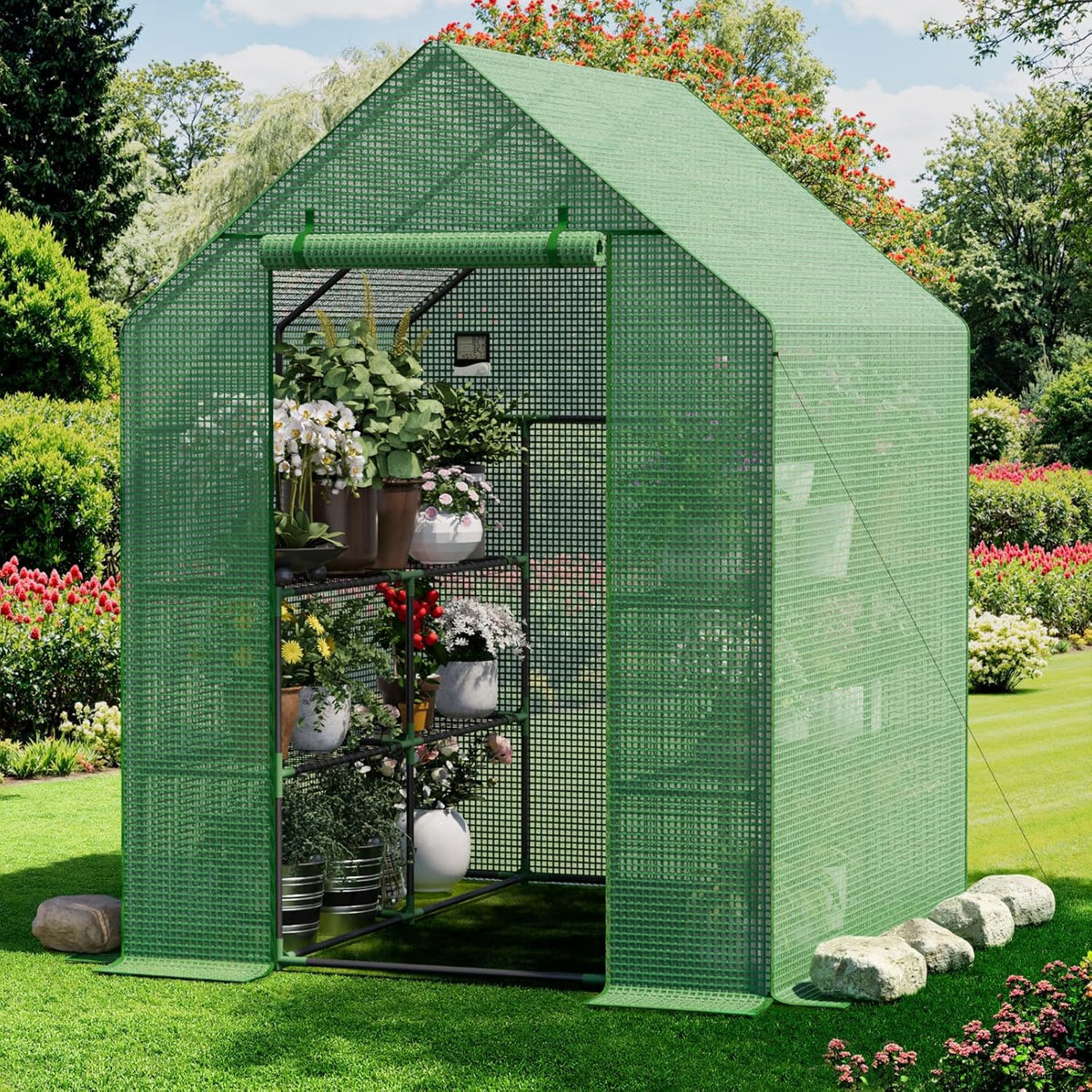 Greenhouse for Outdoors, Small Greenhouse, Walk-in Greenhouses with 3 Tiers 8 Shelves, PE Cover, Heavy Duty Plant Greenhouses for Garden and Backyard