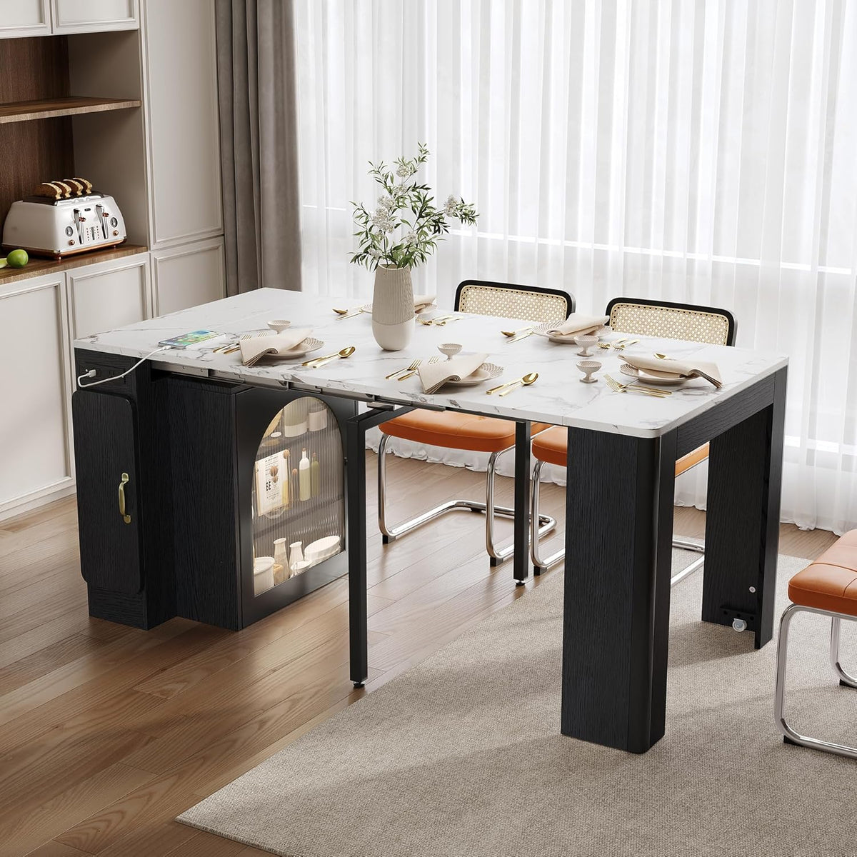 Extendable Dining Table with Storage, Transformer Console Table for 1-5 People, LED Mobile Rolling Island Table Space Saving Dining Room Table with Built-in Outlet for Homes, Apartments, Black