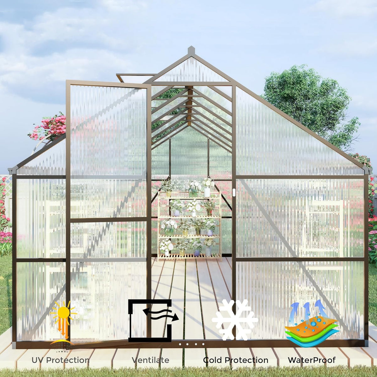 CQZY 8x12 FT Greenhouse for Outdoors, Polycarbonate Greenhouse with Quick Setup Structure and Roof Vent, Aluminum Large Walk-in Green House for Outside Garden Backyard, Dark Gray