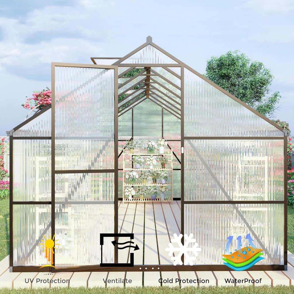 CQZY 8x10 FT Greenhouse for Outdoors, Polycarbonate Greenhouse with Quick Setup Structure and Roof Vent, Aluminum Large Walk-in Green House for Outside Garden Backyard,Dark Gray
