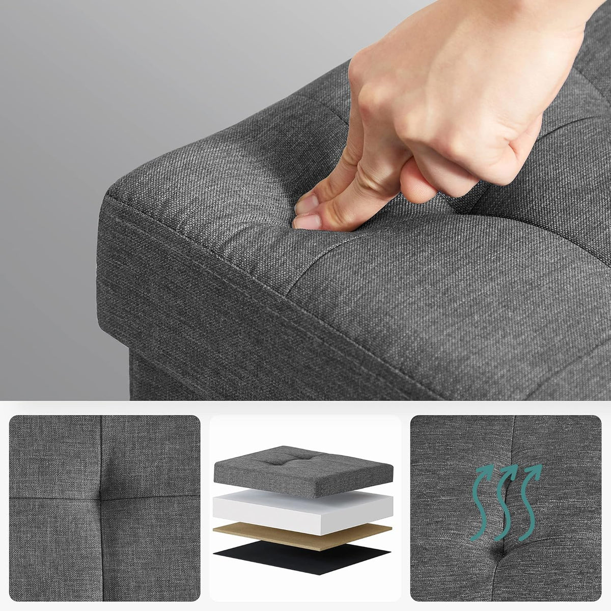 SONGMICS MAZIE Collection - 30 Inches Storage Ottoman, Foldable Storage Bench with Flipping Lid, 660 lb Load Capacity, for Entryway, Living Room, Bedroom, Dark Gray ULSF46GYZ