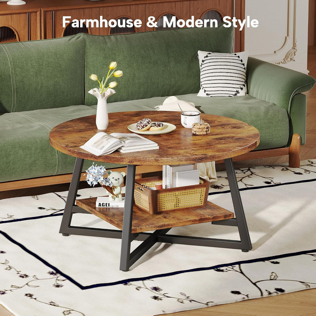 Round Coffee Table, Small Circle Coffee Table with Storage, Modern Wood Round Center Table for Living Room, Home Office, Small Space, Easy Assembly, Rustic Brown