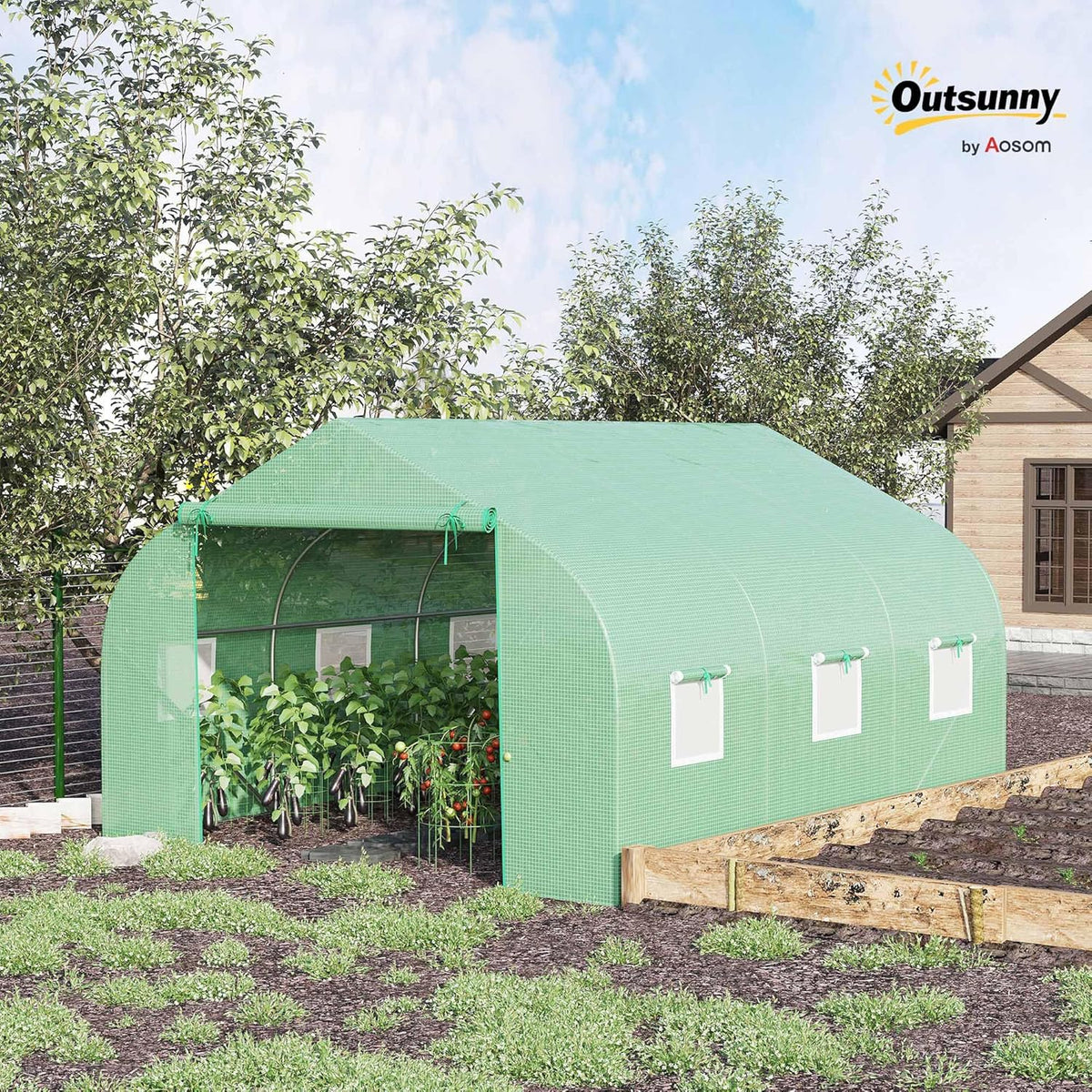 Outsunny 12' x 10' x 7' Outdoor Walk-in Greenhouse, Tunnel Green House with Roll-up Windows, Zippered Door, PE Cover, Heavy Duty Steel Frame, Green
