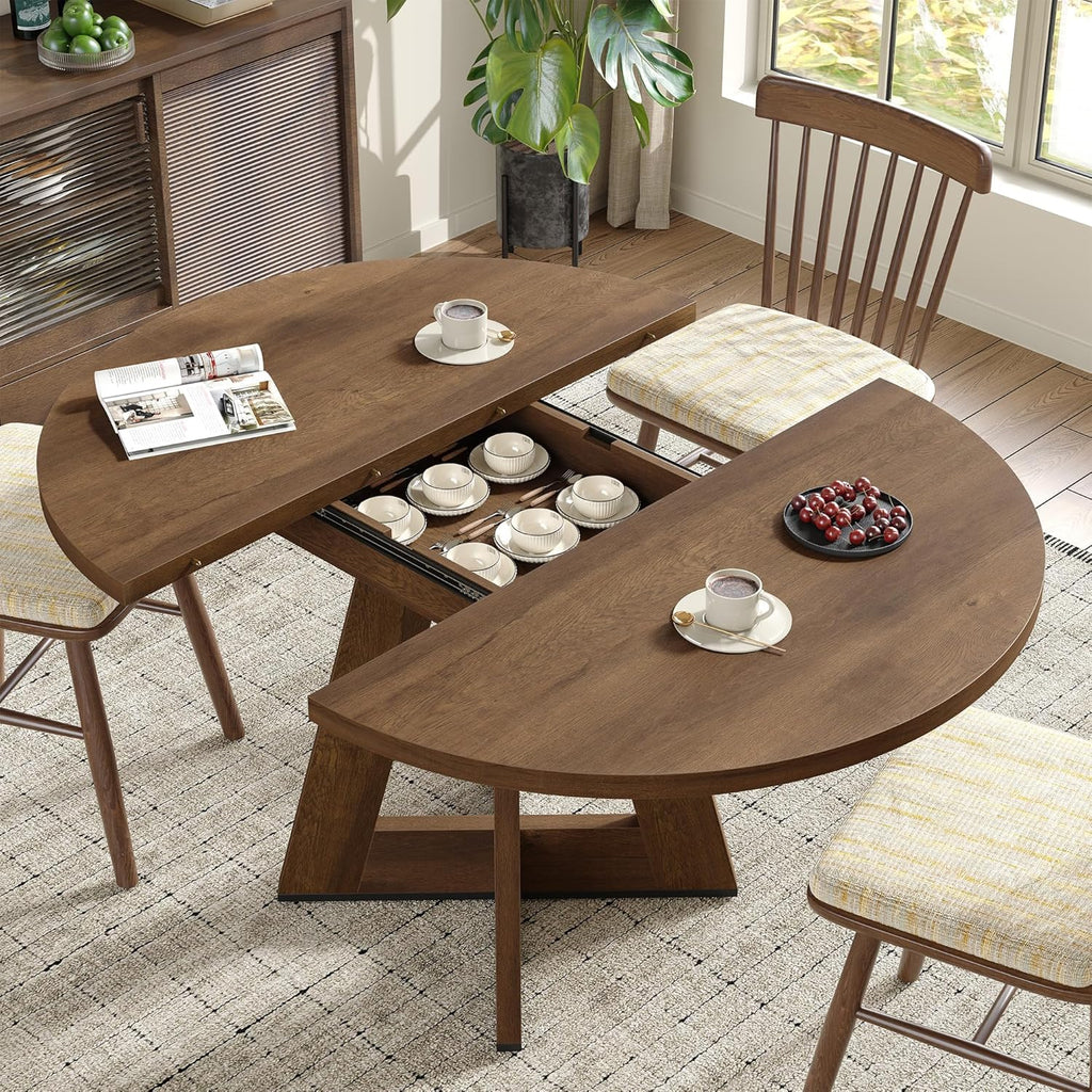 Extendable Round Dining Table for 4-8,Modern Kitchen Oval Dining Table with Removable Leaves Space Saving,Wood Base for Kitchen Living Room (Walnut)