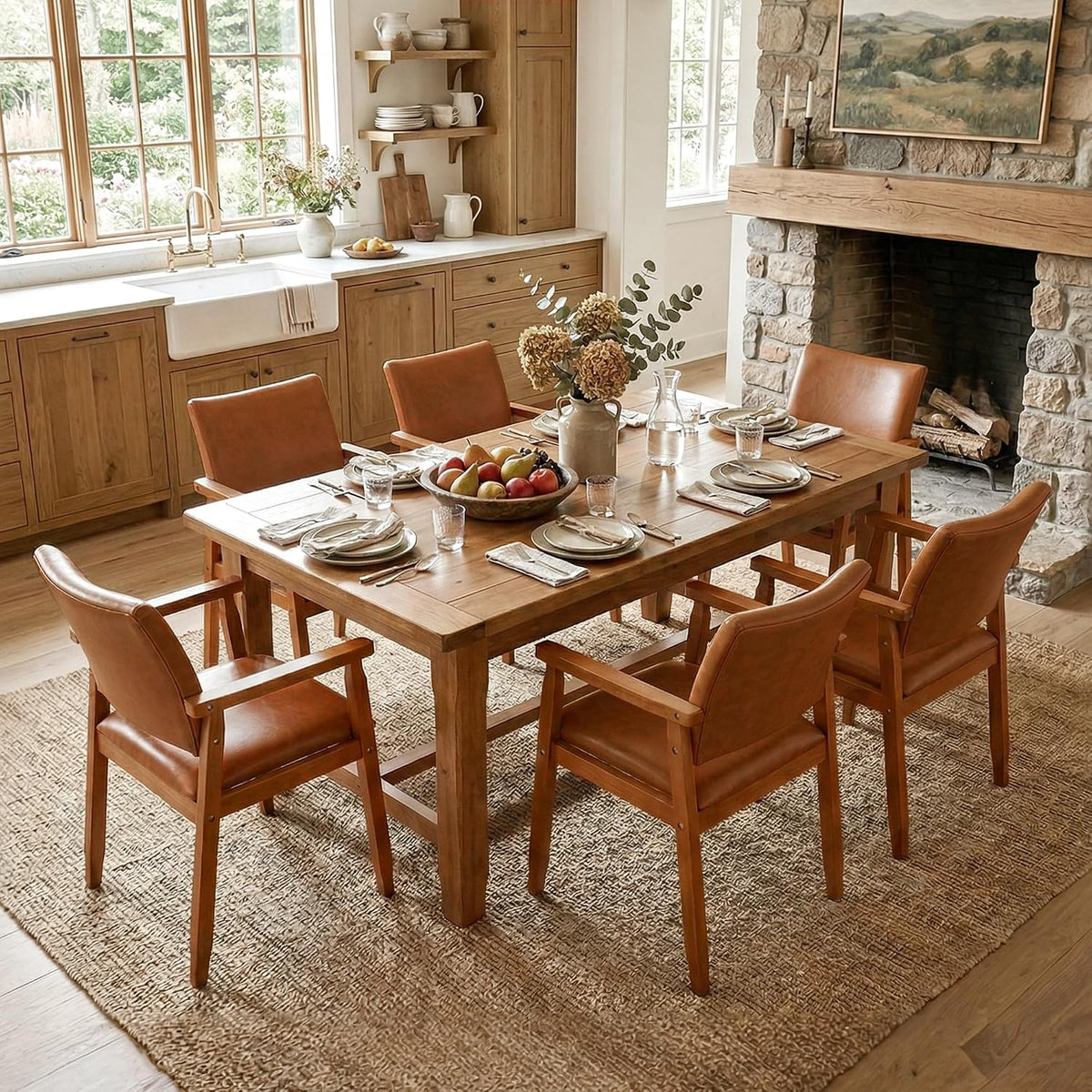 NOBPEINT Mid-Century Modern Dining Chairs with Armrest Set of 1, PU Leather Upholstered Dining Room Chairs with Solid Wood Frame, Walnut Kitchen Armchairs for Kitchen Living Room Restaurant, Brown