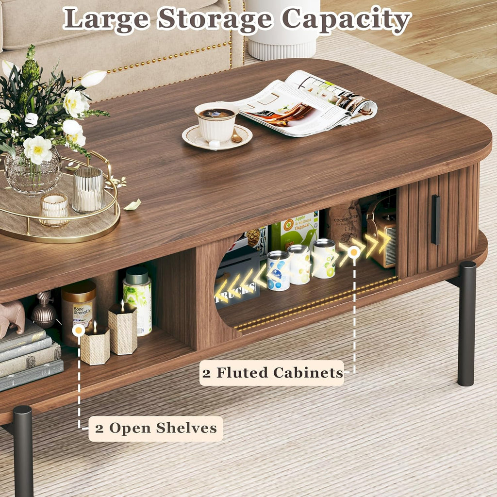 Coffee Table, 39.4" Mid Century Modern Coffee Tables for Living Room, Coffee Table with Storage Open Shelf, Fluted Table with Sliding Cabinet Door, 2-Tier Rustic Wood Desktop, Walnut