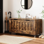 GarveeHome Storage Chest, 39.4" Wooden Storage Bench with 4 Wheels (Brown) | Blanket Chest with 2 Safety Hinges, Round Corner, Supports 350 LBS, Storage Trunk for Entryway, Living Room, Bedroom