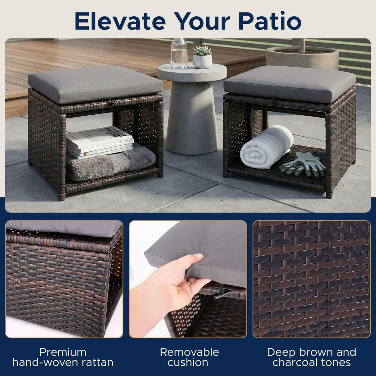 Outdoor Storage Ottoman (Set of 2) - All-Weather Wicker Patio Footstool with Washable Cushions - Sturdy Rattan Foot Rest & Hidden Box for Deck, Porch, Backyard & Balcony
