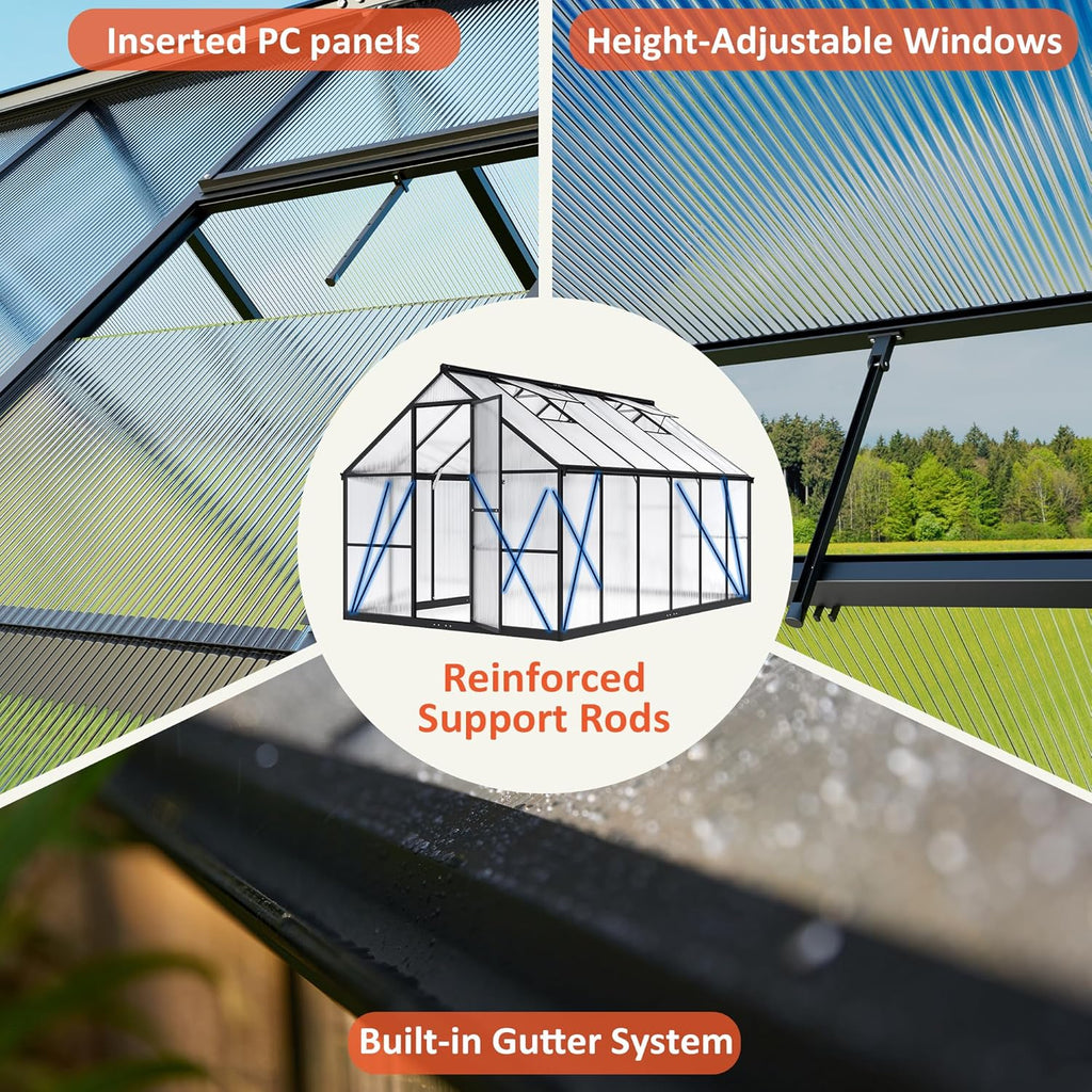 8×12 FT Greenhouse for Outdoors, Quick Setup Polycarbonate Greenhouse with Roof Vent, Walk in Green Houses for Outside for Outdoor Garden Backyard, Black
