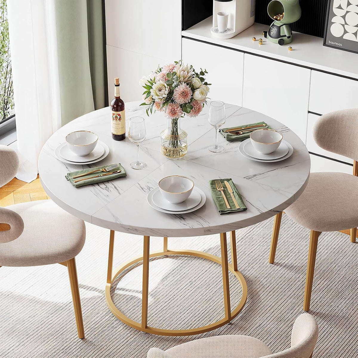 ONBRILL Round Dining Room Table, 47.24 Inch Kitchen Table for 4