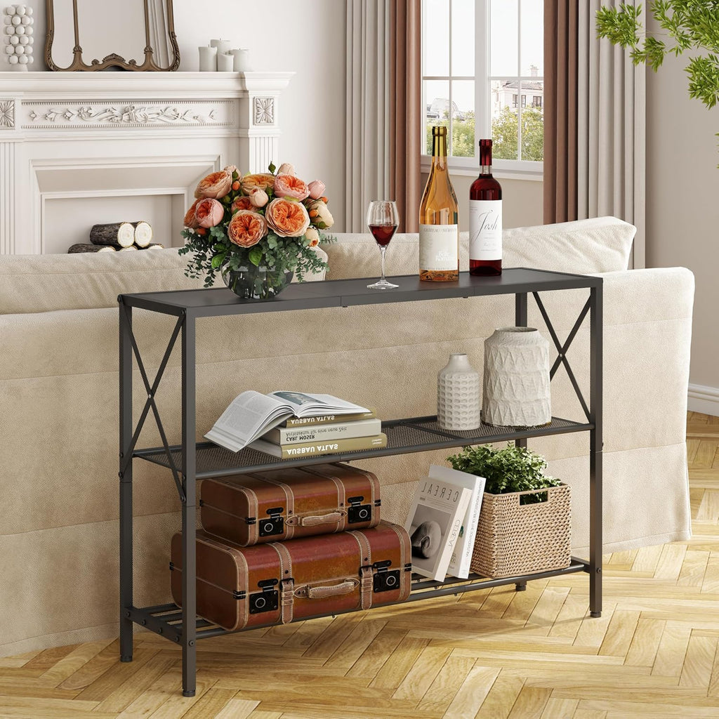 Hoctieon Industrial Console Table, 3 Tier Entryway Table, Hallway Table, Narrow Sofa Table with Shelves, Entrance Table for Entryway, Living Room, Foyer, Hallway, Office, Black