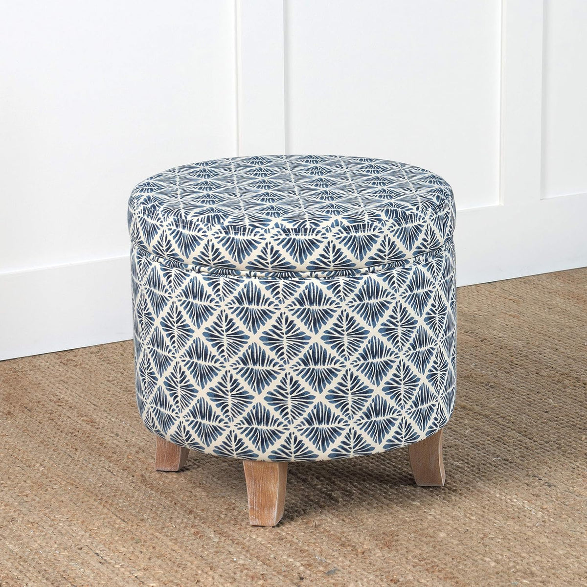 Homepop Home Decor | Upholstered Round Storage Ottoman | Ottoman with Storage for Living Room & Bedroom with Flared Legs, Navy Blue Geometric Pattern Large