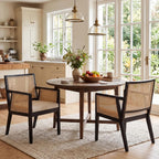 VESCASA Rattan Dining Chairs with Armrest, Padded Upholstered Linen Cream Cushion Dining Chairs with Wood Legs for Dining Room, Kitchen, Set of 4, Black Frame
