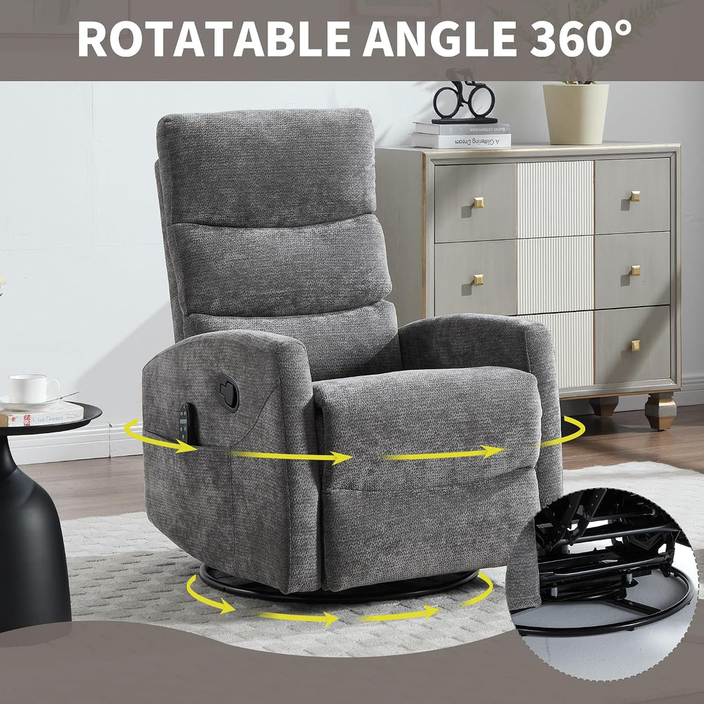 Manual Swivel Rocker Recliner Chair for Adults, Overstuffed Reclining Glider Chair for Nursing with Vibration Massage & Heat, Living Room Rocking Recliner 3-Stage backrest, Chenille Fabric Dark Gray