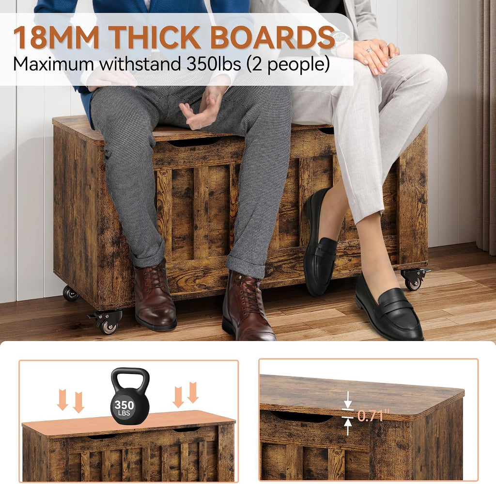 GarveeHome Storage Chest, 39.4" Wooden Storage Bench with 4 Wheels (Brown) | Blanket Chest with 2 Safety Hinges, Round Corner, Supports 350 LBS, Storage Trunk for Entryway, Living Room, Bedroom