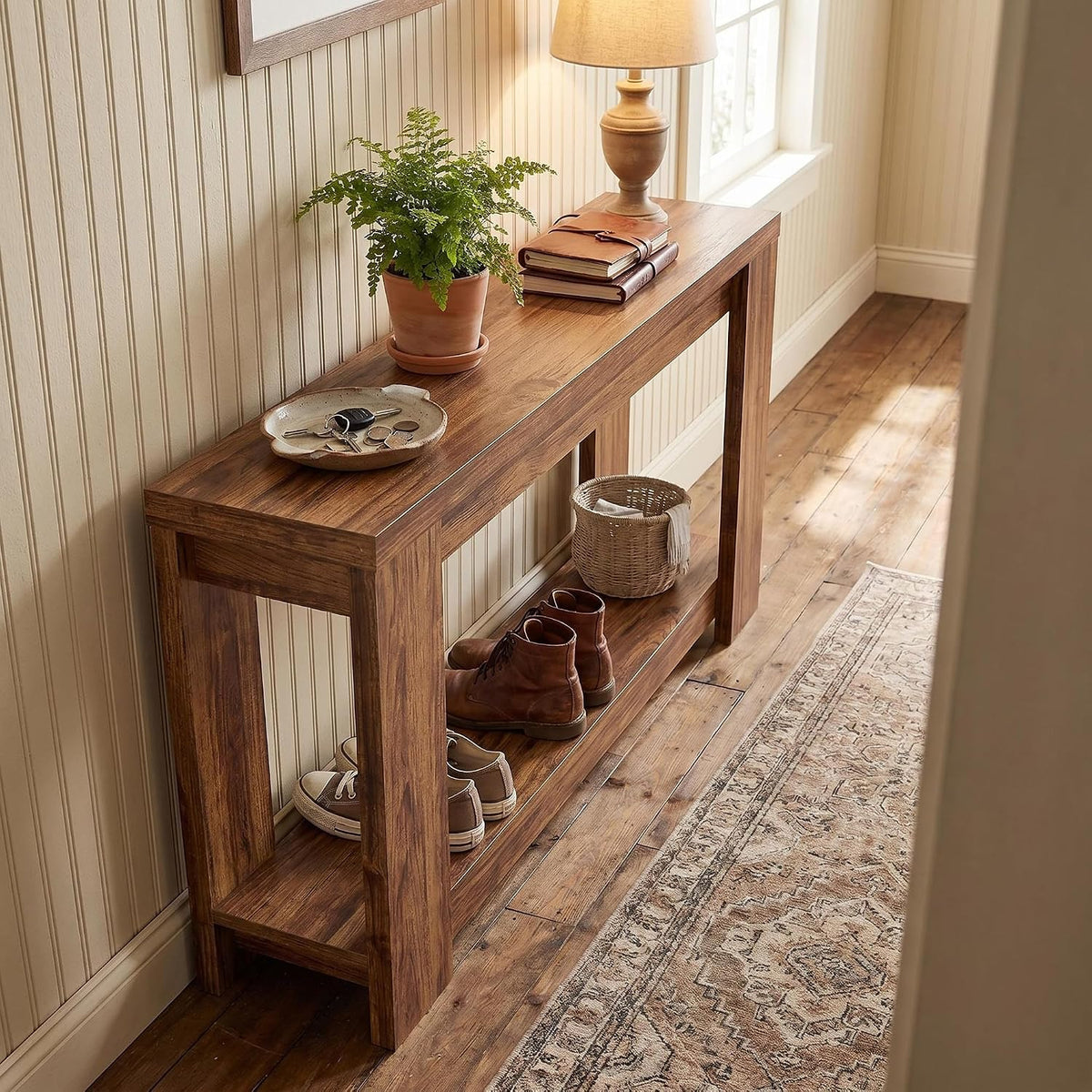 70.9" Rustic Farmhouse Console Sofa Table - Heavy Duty MDF Entryway Table with 2-Tier Storage, Narrow Long Table for Behind Couch, Brown
