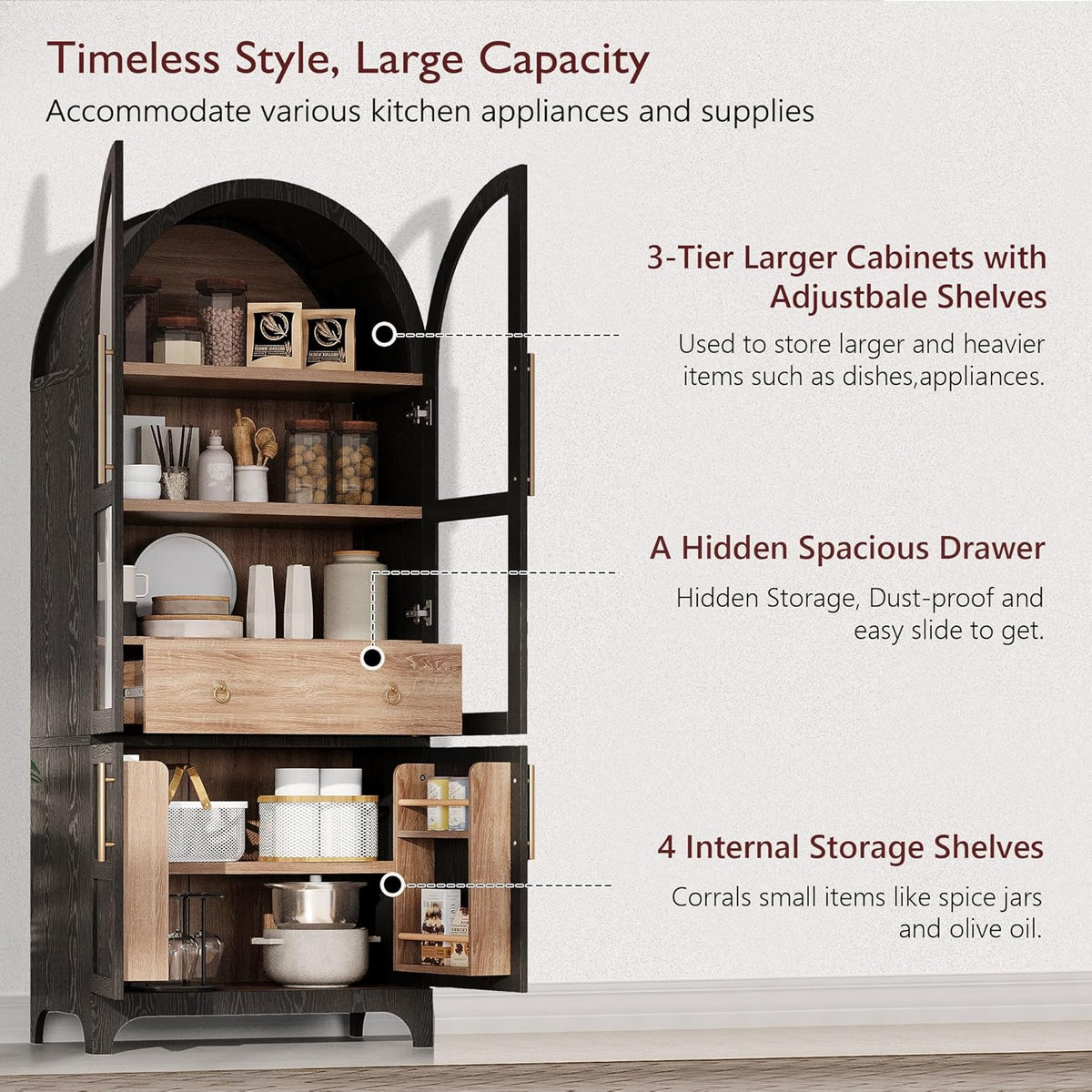 71" Tall Arched Kitchen Pantry Cabinet, Freestanding Kitchens Storage Cabinets with Hidden Drawers, Adjustable Shelves, & Glass Doors, Versatile Cupboard for Kitchen, Dining Room, Bathroom,Black