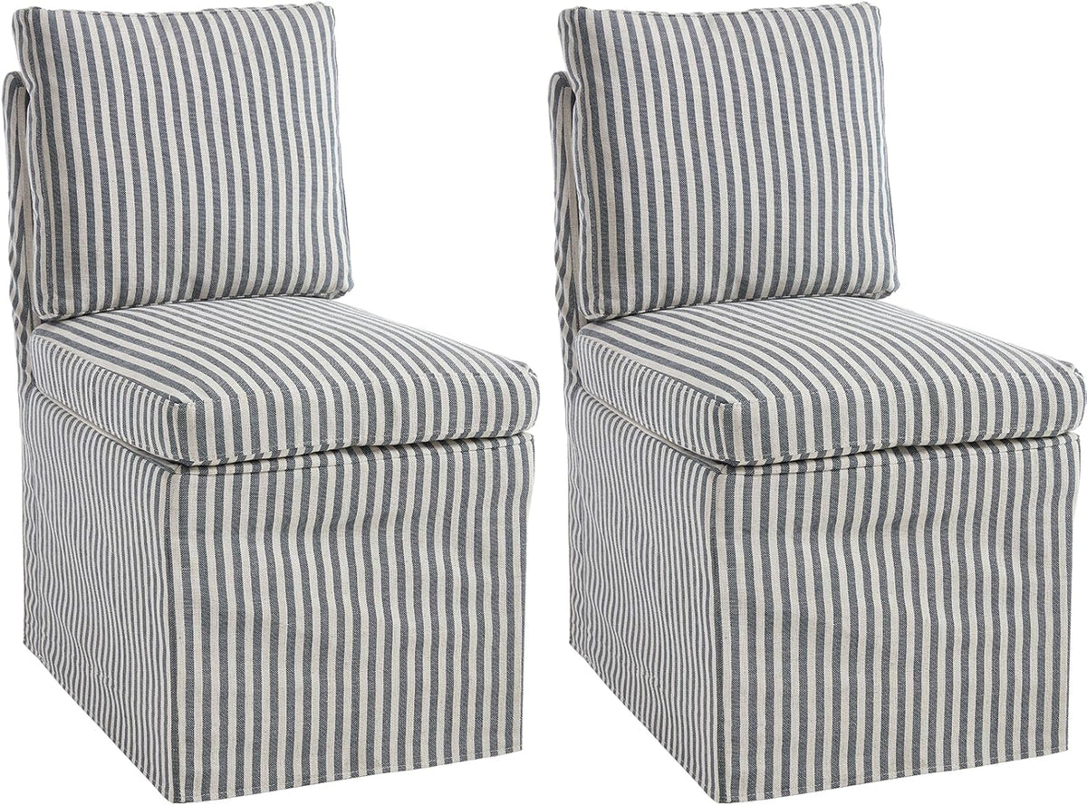 Kmax Slipcovered Dining Chairs Set of 2, Modern Upholstered Armless Kitchen Chair, Accent Single Sofa Chair for Diningroom Livingroom, Blue Stripe