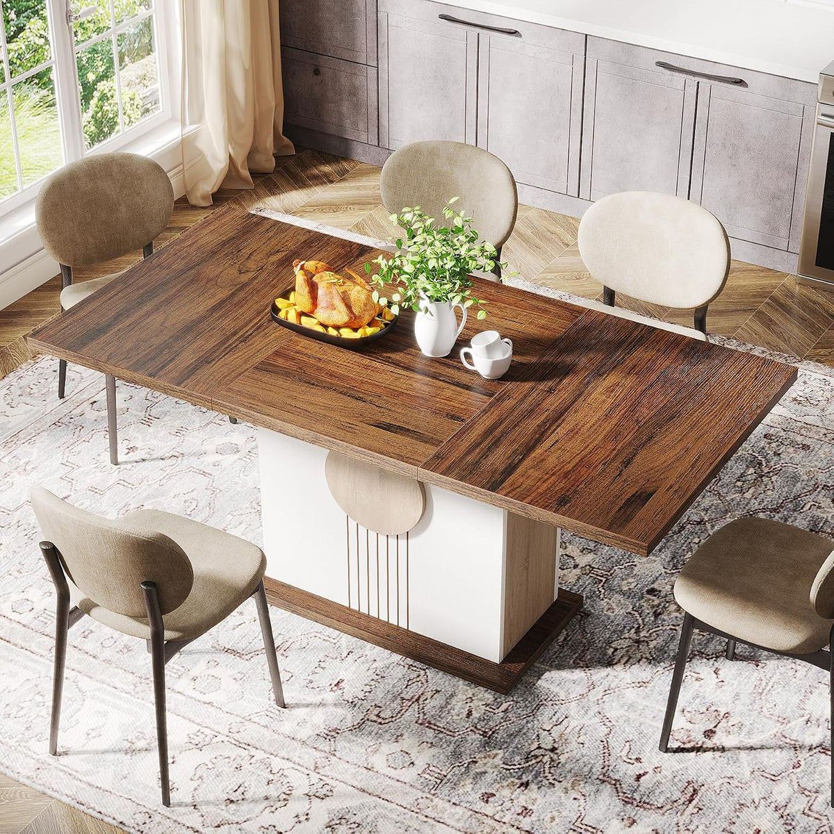 Tribesigns 55" Rectangular Dining Table for 4 to 6 People, Farmhouse Wood Dinner Table for Kitchen, Dining Room & Living Room, Oak Brown & White