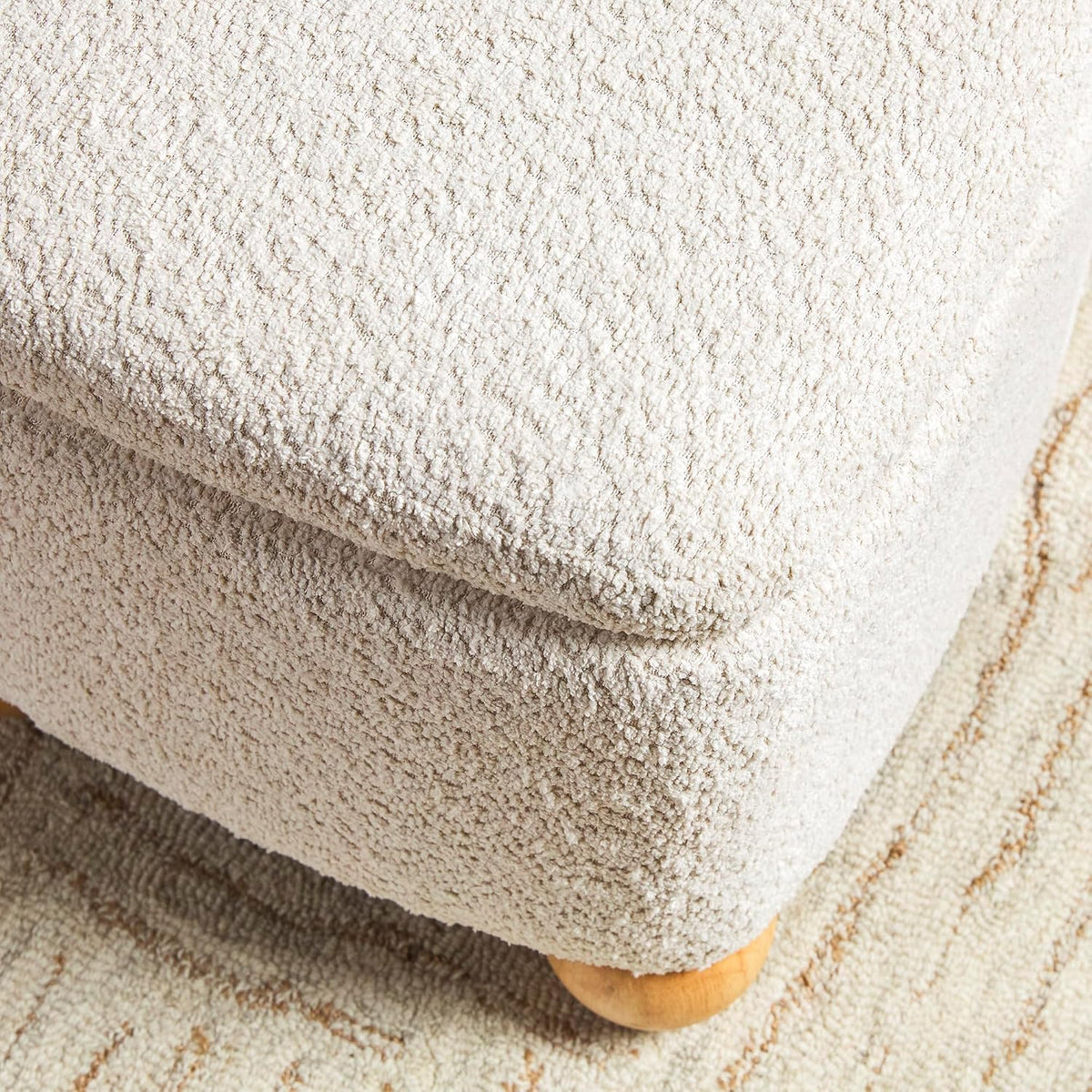Walker Edison Linley Contemporary Small Storage Bouclé Ottoman with Wood Legs, Ivory
