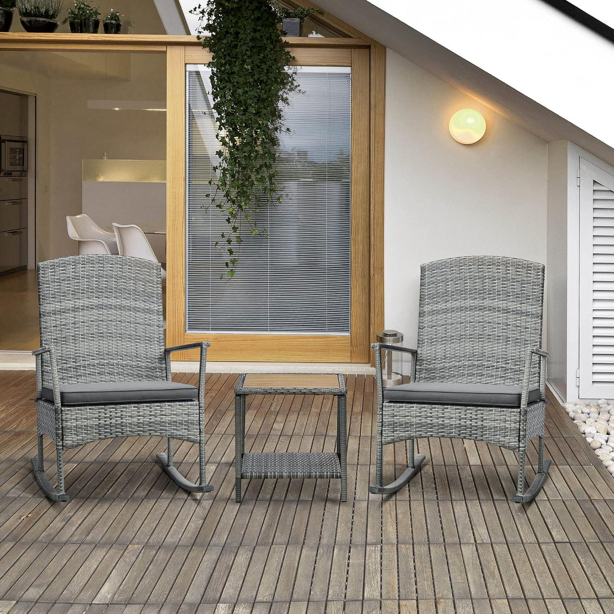 Outsunny 3 Piece Patio Rocking Chair Set, 2 PE Wicker Rocking Chairs, Cushioned, 1 Two-Tier Wood Slat Coffee Table, Rattan Front Porch Furniture, Gray