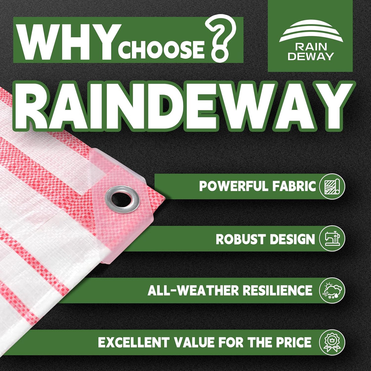 RAINDEWAY Tarps 12x12 Feet,12 Mil Sunshade Striped Tarp Waterproof,Multipurpose Poly Tarp Cover with Grommets and Reinforced Edges,Red/White Tarps