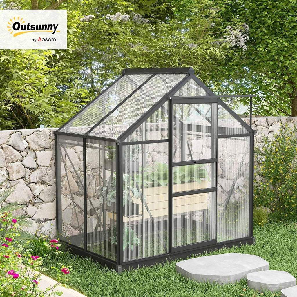 Outsunny 6' x 4' Greenhouse for Outdoors, Polycarbonate Greenhouse with Rain Gutter and Roof Vent, Aluminum Walk-in Green Houses for Outside for Patio Backyard Garden, Gray