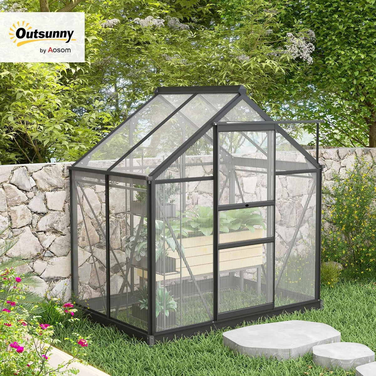 Outsunny 6' x 4' Greenhouse for Outdoors, Polycarbonate Greenhouse with Rain Gutter and Roof Vent, Aluminum Walk-in Green Houses for Outside for Patio Backyard Garden, Gray