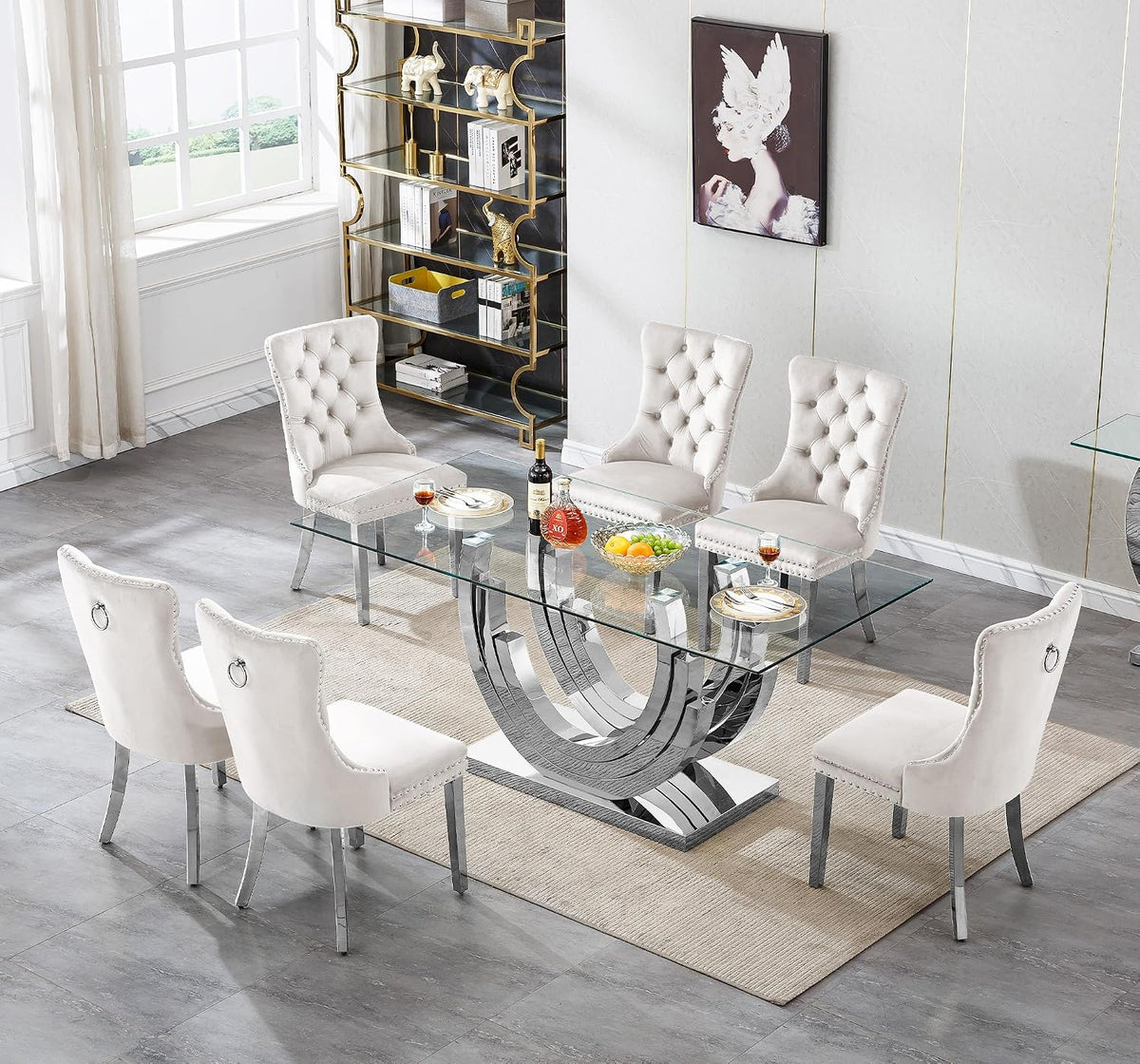 7 Piece Dining Table Set with 6 Beige Dining Chairs, Modern Glass Kitchen Table and Chairs Set for 6, 70" Rectangle Silver Glass Pedestal Dining Room Tables with Ring-Shape Stainless Steel Base