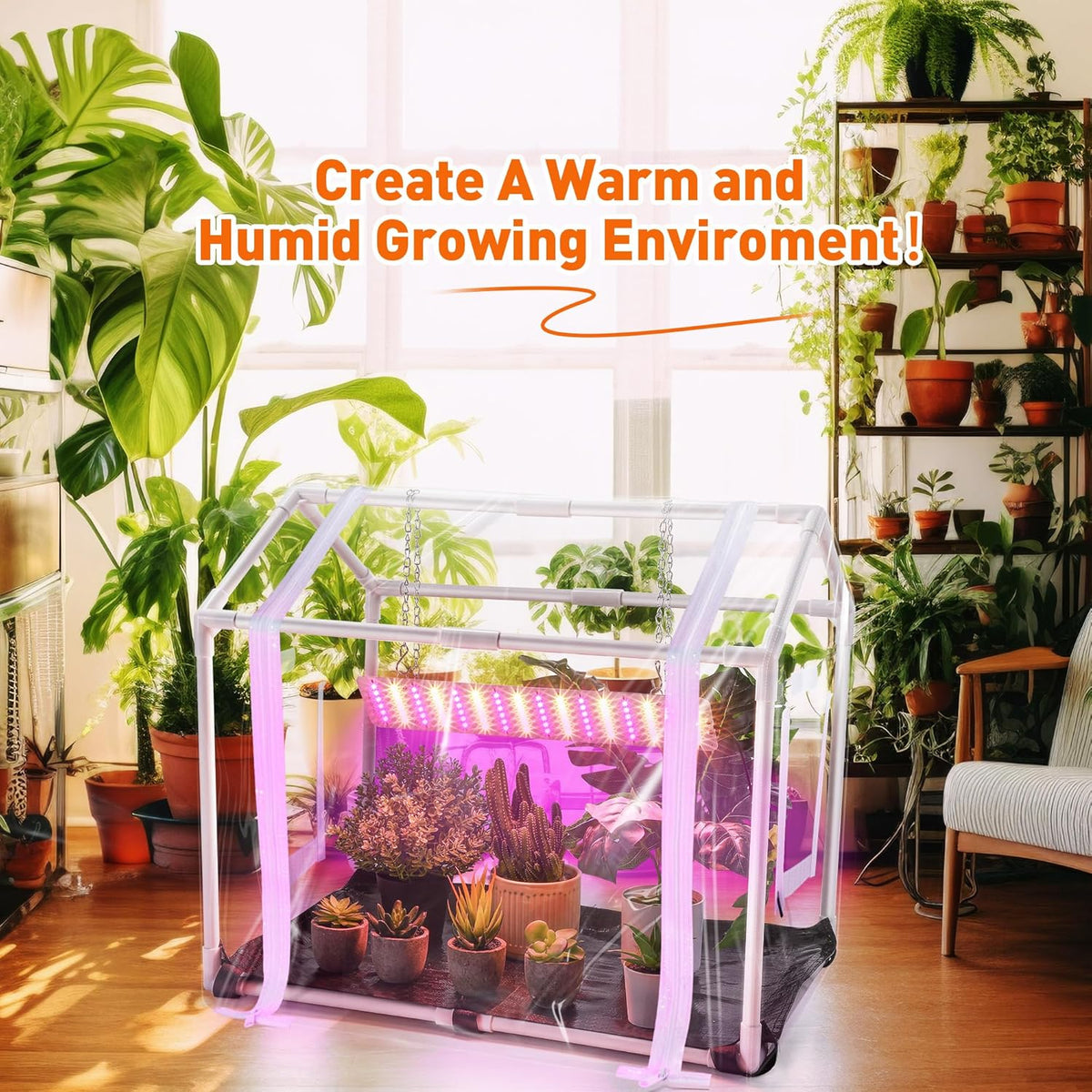 Meonum Mini Greenhouse with Grow Light for Indoor, Tabletop Small Greenhouse Kit with Bottom Mat for Waterproof, 15W Plant Dimmable LED Grow Lights and Timer, 3 Light Color Mode for Seed Starter Tray