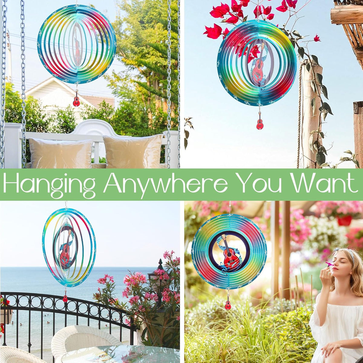 Guitar Wind Spinners Garden Yard Decor Gift for Women Men, 12 Inch Outdoor Metal 3D Wind Spinner, Stainless Steel Hanging Wind Catchers Kinetic Sculpture for Outside Decoration