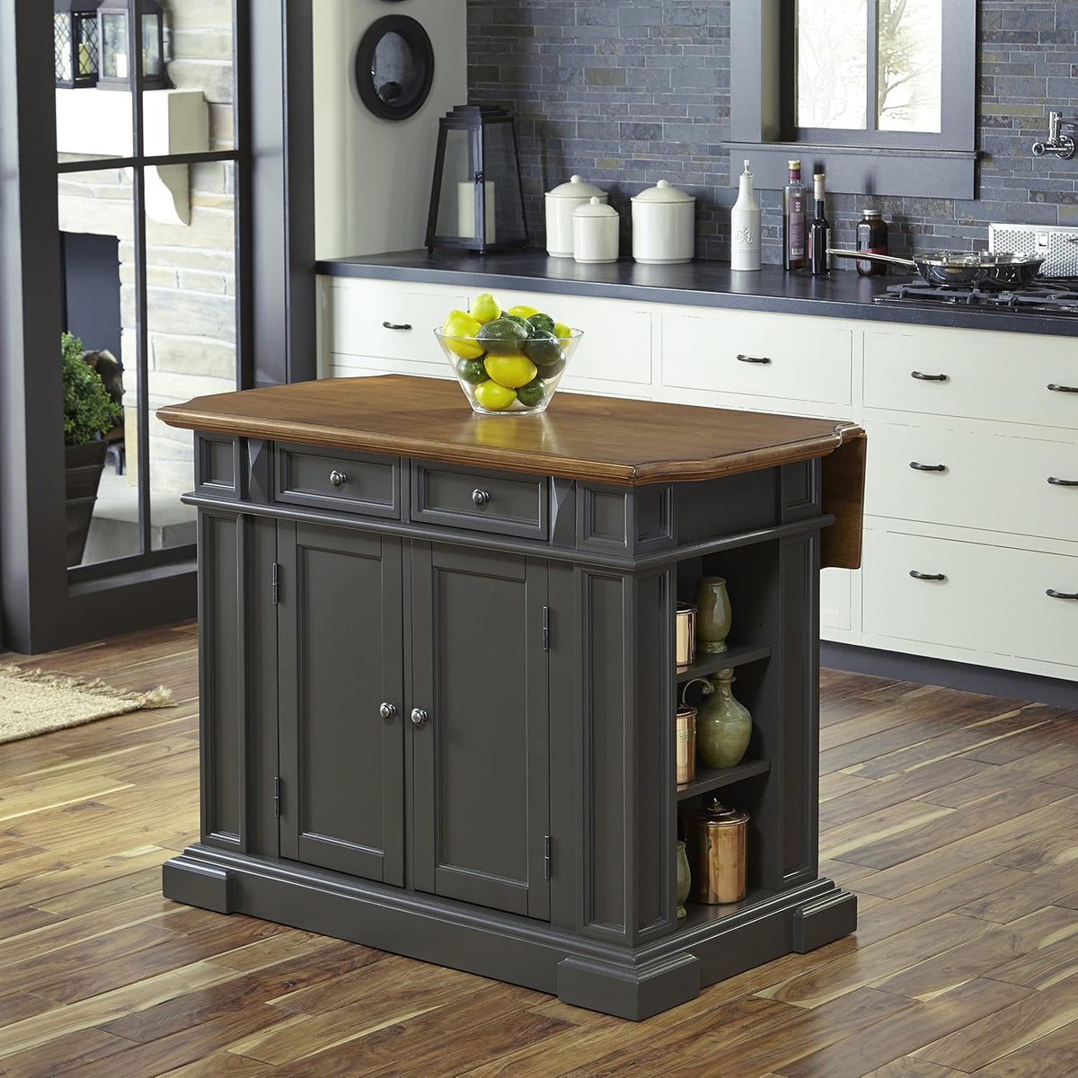 Homestyles Americana Gray Kitchen Island with Drop Leaf Breakfast Bar