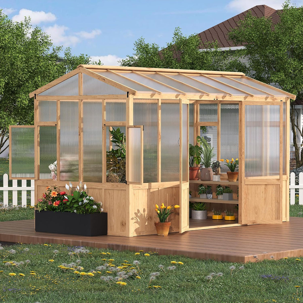8x12 ft Wooden Greenhouse for Outdoor - Heavy Duty Walk-in Green House Kit with 6 mm Polycarbonate,Ventilated Window & Lockable Door for Backyard,Patio,Lawn