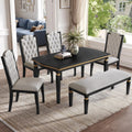 LUMISOL 6-Piece Farmhouse Dining Table Set, 60” Solid Wood Table, 4 Upholstered Chairs and Bench, Black