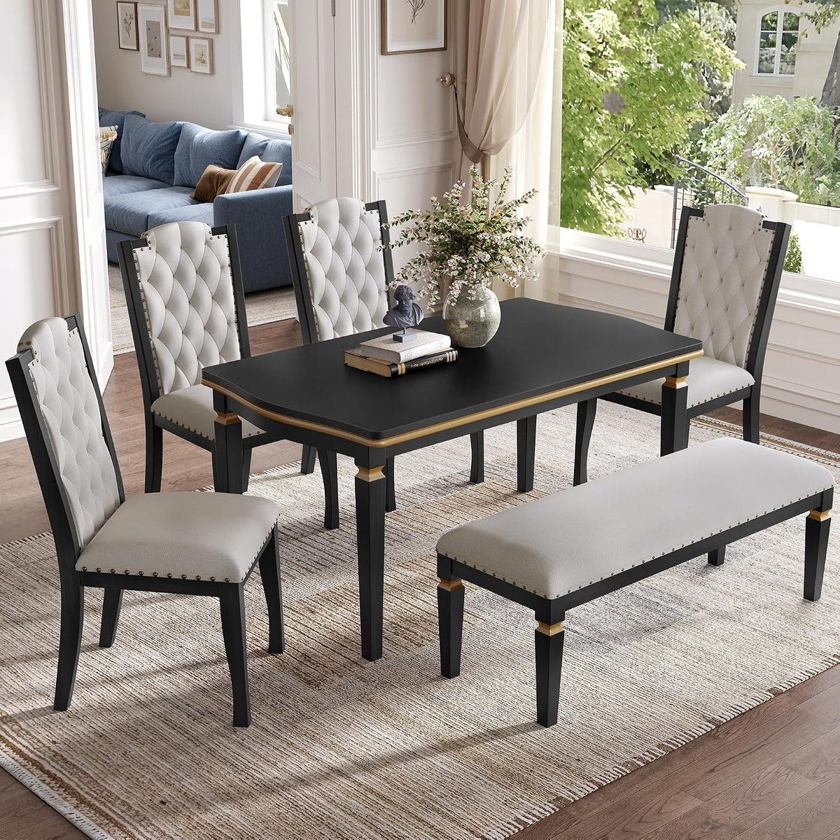 LUMISOL 6-Piece Farmhouse Dining Table Set, 60” Solid Wood Table, 4 Upholstered Chairs and Bench, Black