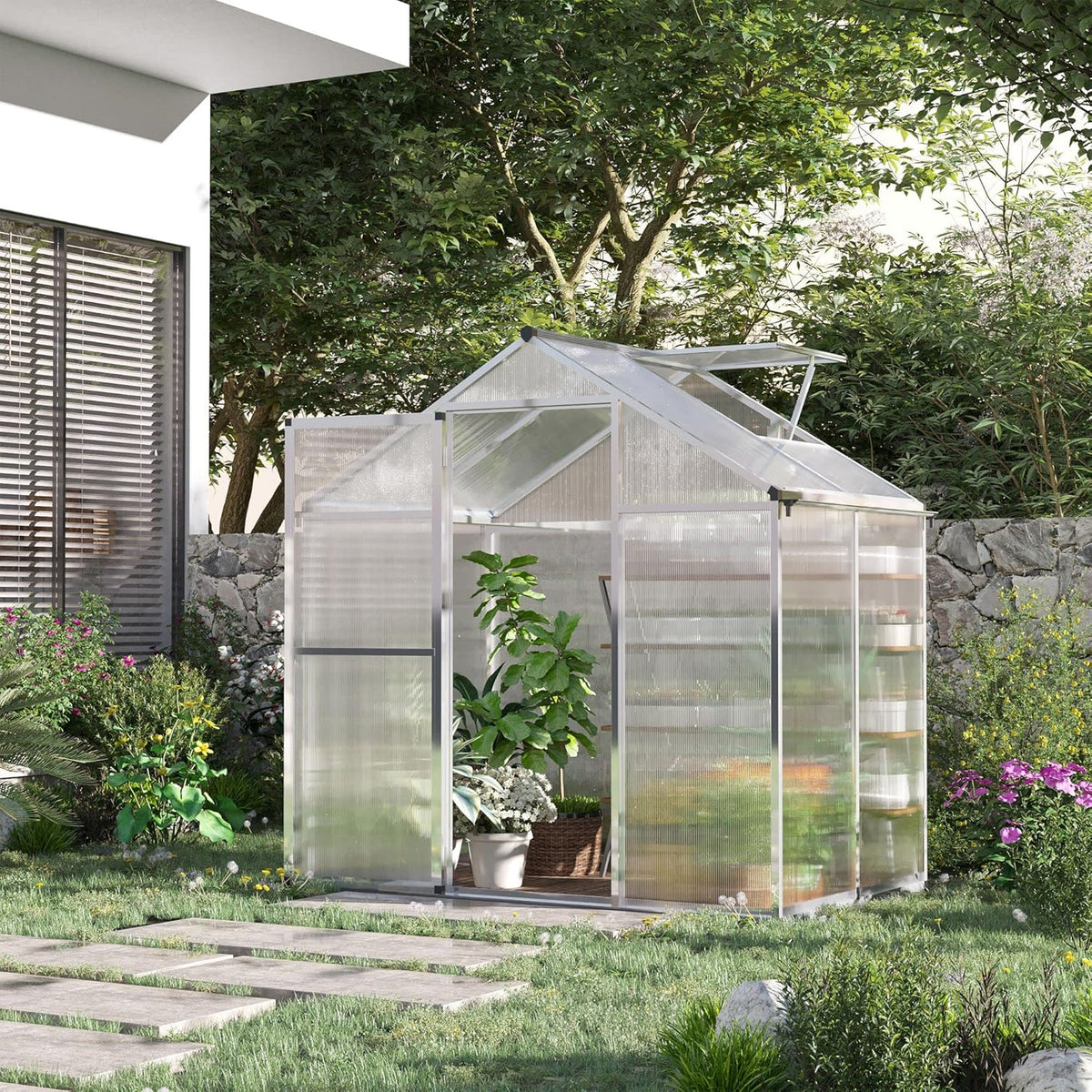 Outsunny 4' x 6' Greenhouse for Outdoors, Polycarbonate Greenhouse with Rain Gutter and Roof Vent, Aluminum Walk-in Green Houses for Outside Patio Backyard Garden