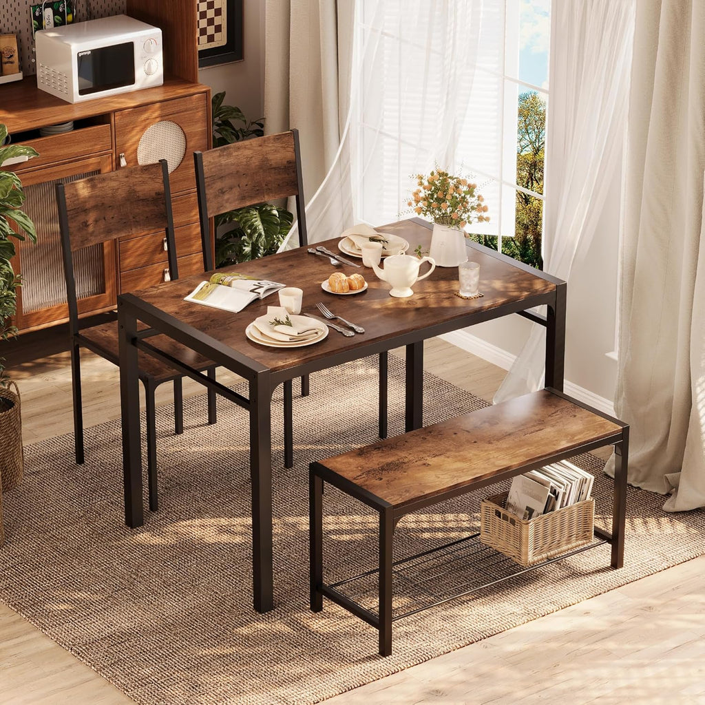 Shahoo Kitchen Table and 2 Chairs for 4 with Bench | 4 Piece Dining Sets for Small Space, Coffee Brown
