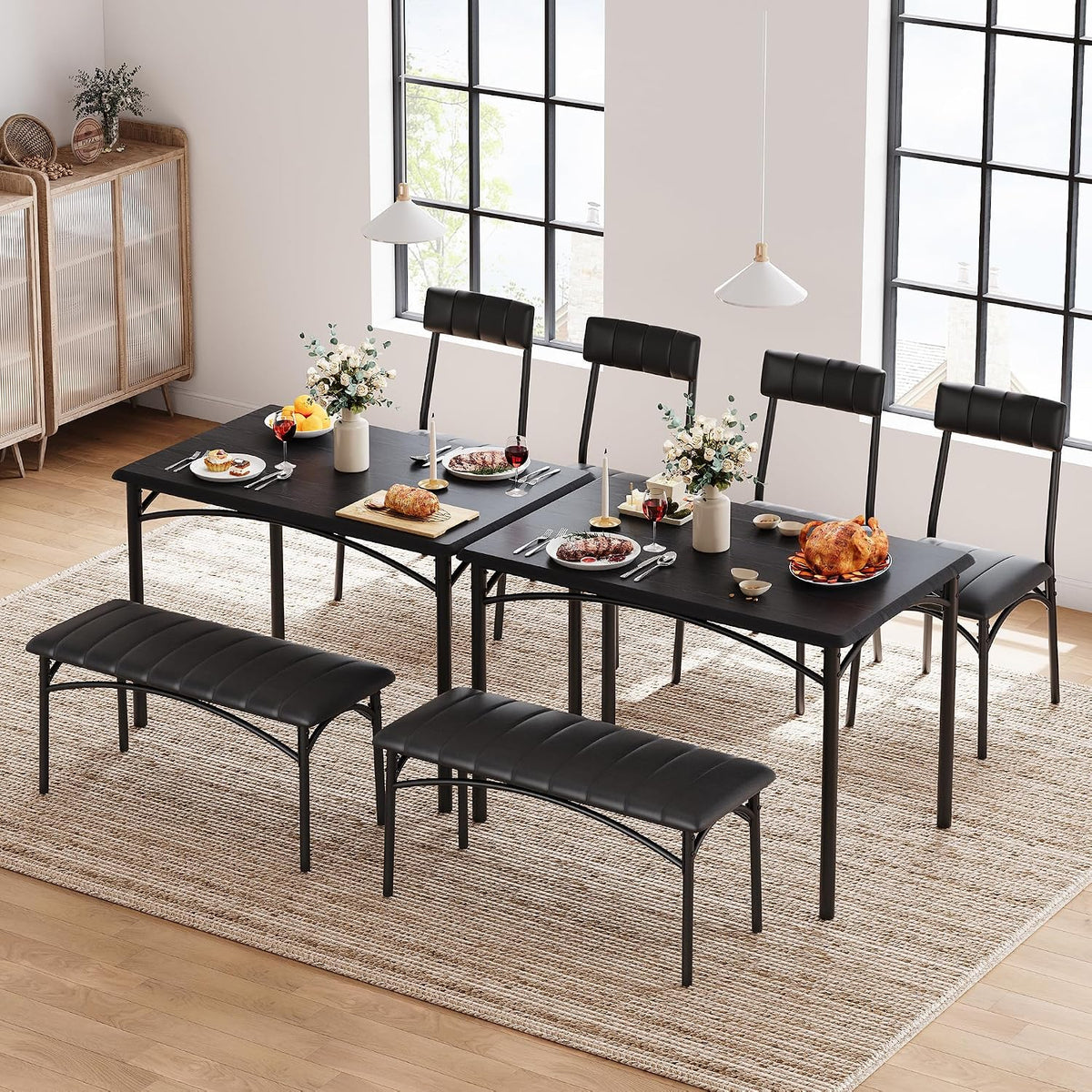 Dining Table Set for 4, Small Dining Table Set with Upholstered Bench and 2 Chairs, Kitchen Table and Chairs for 4, for Small Space, Apartment, Dinner, Rustic Black