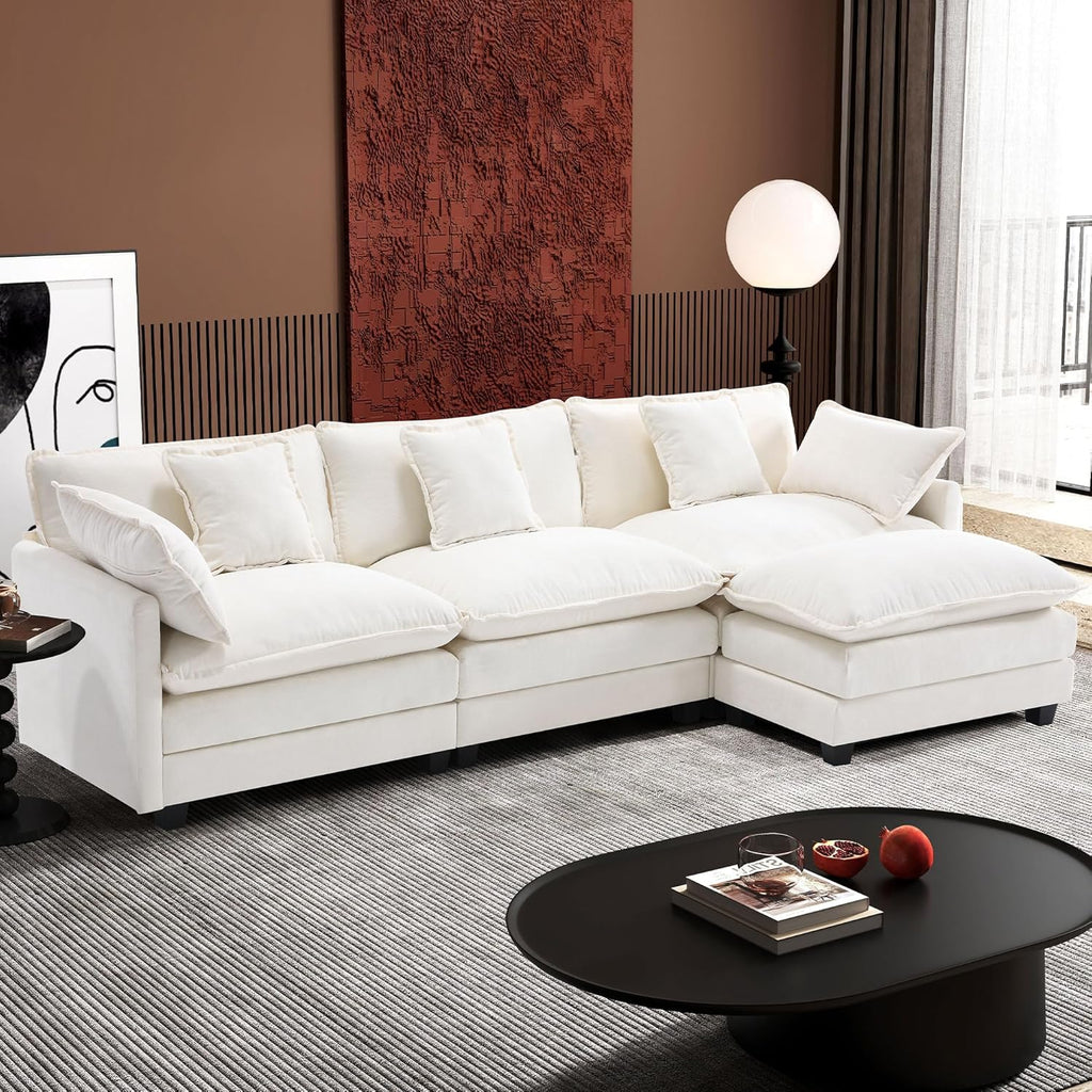 Ihanherry 111.4" L Shaped Modern Sofa Modular Sectional Cloud Couch with Ottoman, 4-Seat Chenille Deep Seat Sofa with Pillow for Living Room, Bedroom and Apartment, Beige