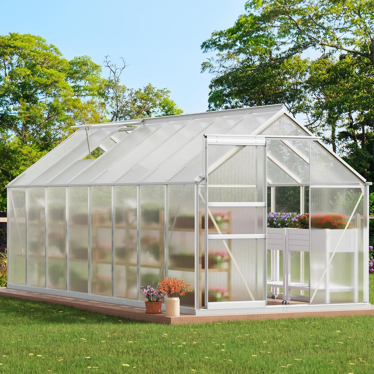 YITAHOME 16x6FT Polycarbonate Greenhouse for Outdoors, Large Heavy Duty Aluminum Greenhouses with Sliding Doors and Vent Window, Walk-in Greenhouse for Garden Backyard, Simple Setup, Silver