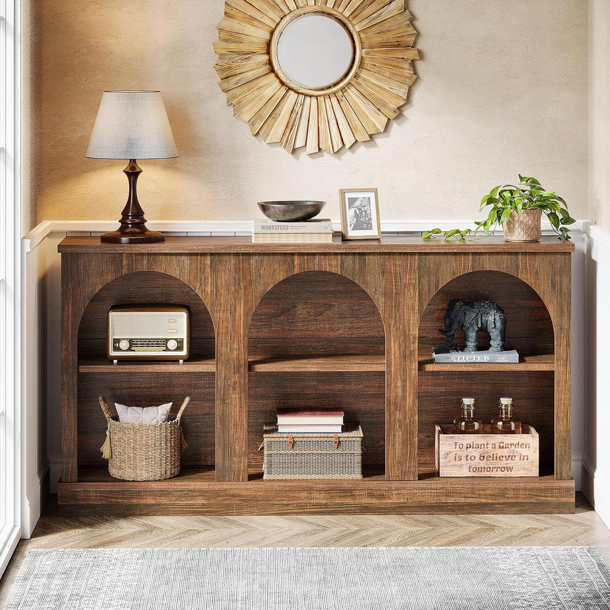 Tribesigns Farmhouse Console Table, 63-Inch Long 3 Tier Entryway Table with Storage, Wooden Rectangular Sofa Table Behind The Couch for Entrance, Hallway, Living Room, Dark Brown