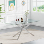 61" Rectangle Glass Dining Table for 4-6, Luxury Kitchen Table with Tempered Glass Top and Silver Metal Cross Legs, Modern Glass Dinner Table for Kitchen Dining Room Small Apartment