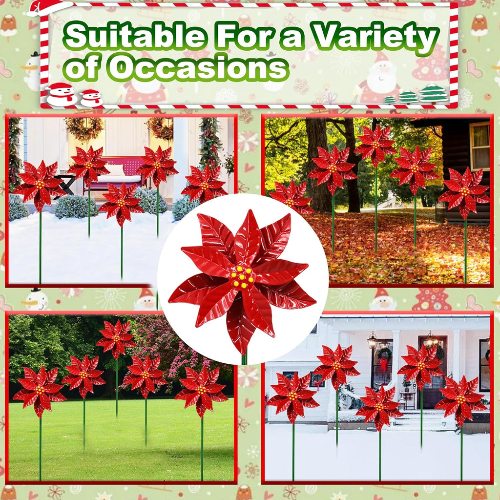 Metal Flower Wind Spinner Garden Lawn Stakes Yard Art, 27 Inch Poinsettia Windmill Iron Handicraft Lawn Decorations, 5 Pieces Christmas Star Stake Outside Garden Decorations for Metal Yard Art