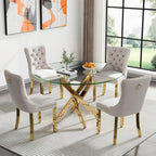 Round Glass Dining Table Set for 4, Small Kitchen Table Set for 4, 47" Circle Gold Glass Table and Chairs Set of 4,5 Piece Round Dining Room Table Set w/Beige Velvet Chairs for Breakfast Dinette Cafe