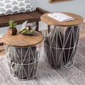 End Tables Set of 2 - Nesting Tables with Removable Wood Tops and Metal Wire Baskets for Blanket Storage - Round Side Furniture for Living Room, Bedroom, or Home Office by Lavish Home (Brown/White)